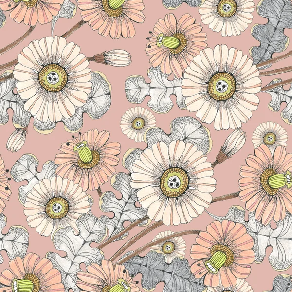 Flowers Leaves Draw Colored Pencils Spring Composition Seamless Pattern Pink — Stockfoto