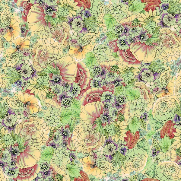 Meadow Flowers Painted Watercolor Seamless Pattern Illustration Decoration — Stock Photo, Image