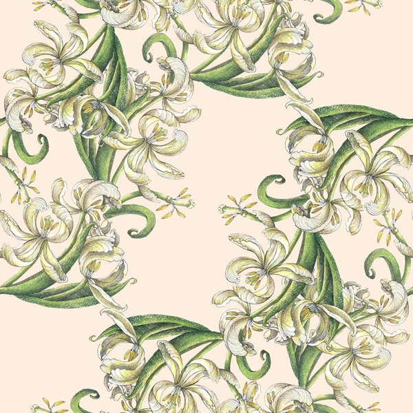 Flowers tulip with leaves draw in colored pencils. Spring composition. Seamless pattern on cream background.