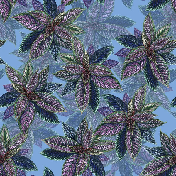 Decor leaves draw in colored pencils. Seamless pattern on blue background.