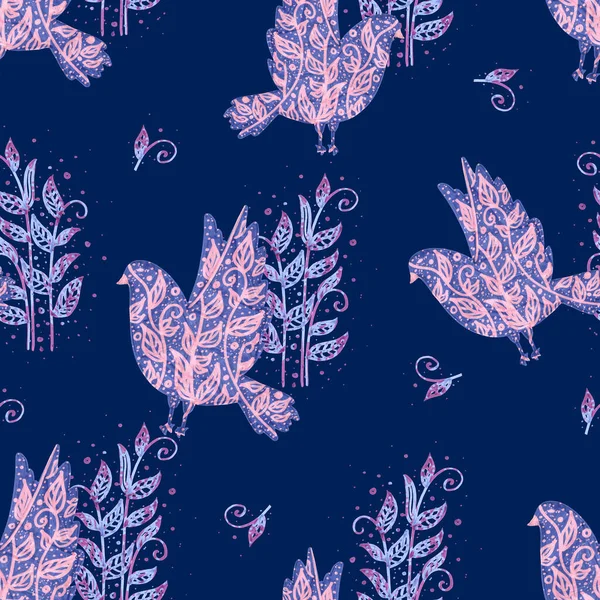 Seamless Pattern Watercolor Birds Leaves Branch Tree Birds Blue Background — Stockfoto