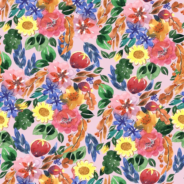 Meadow Flowers Painted Watercolor Seamless Pattern Pink Background Illustration Decoration — ストック写真