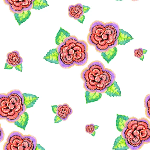 Flowers with leaves draw in colored pencils. Spring composition. Seamless pattern on white background.
