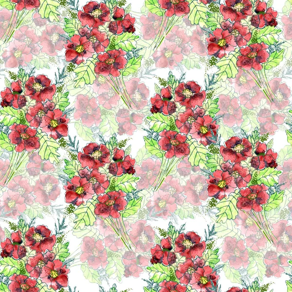 Meadow Flowers Red Poppy Painted Watercolor Seamless Pattern White Background — Zdjęcie stockowe