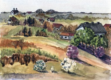 Suluboya manzaralı, arka planda bahçeli bir ev. Dekorasyon duvar kağıtları için kompozisyon.