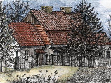 Gökyüzü arka planında grafik evi olan suluboya manzara. Dekorasyon duvar kağıtları için kompozisyon.