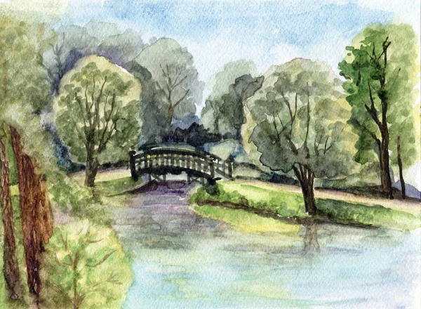 Aquarel Landschap Van Brug Het Park Lucht Achtergrond Samenstelling Voor — Stockfoto