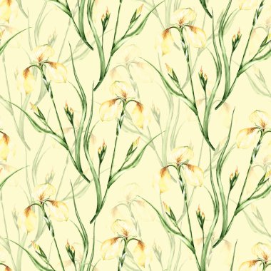 Garden flowers iris painted in watercolor with leaf. Floral seamless pattern on cream background.