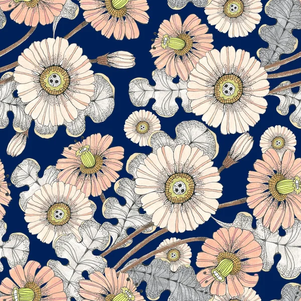 Flowers gerbera with leaves draw in colored pencils. Floral composition. Seamless pattern on blue background.