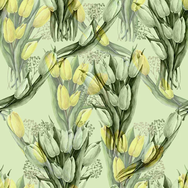 Flowers Tulip Leaves Draw Colored Pencils Ink Spring Composition Seamless — Fotografia de Stock