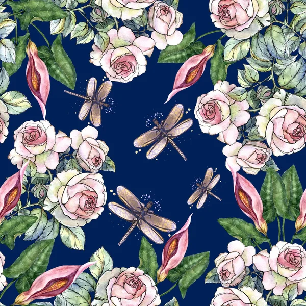 Garden Flowers Rose Painted Watercolor Dragonfly Floral Seamless Pattern Blue — ストック写真