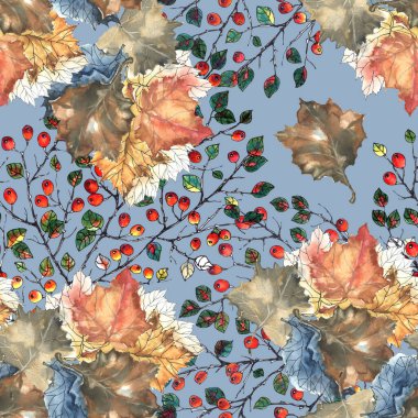 Garden leaves maple painted in watercolor with red berry. Floral seamless pattern on blue background.