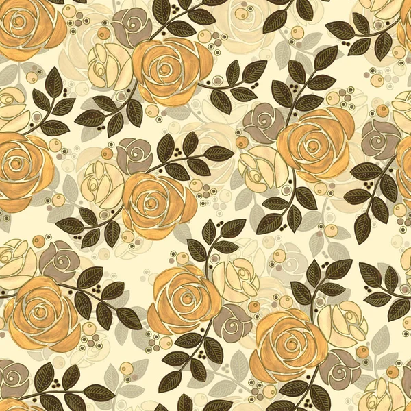 Garden flowers rose painted in watercolor with golden leaf. Floral seamless pattern on cream background.