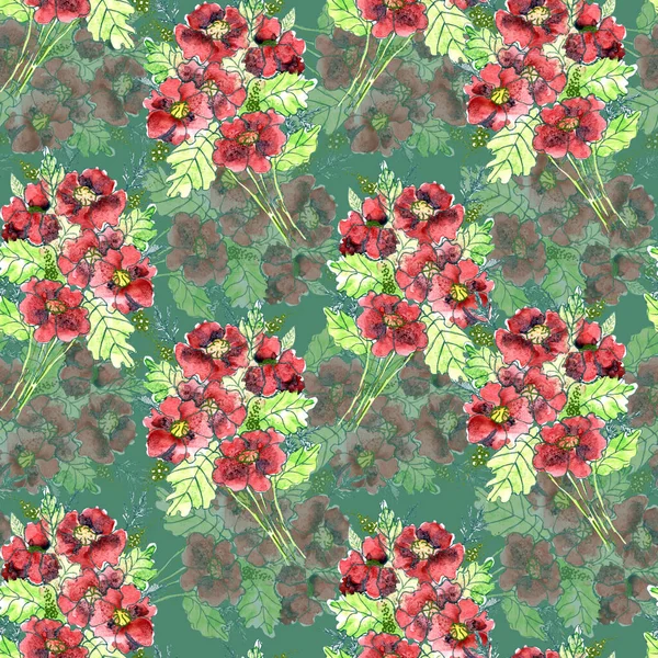 Garden Flowers Red Poppy Painted Watercolor Leaves Floral Seamless Pattern — Stockfoto