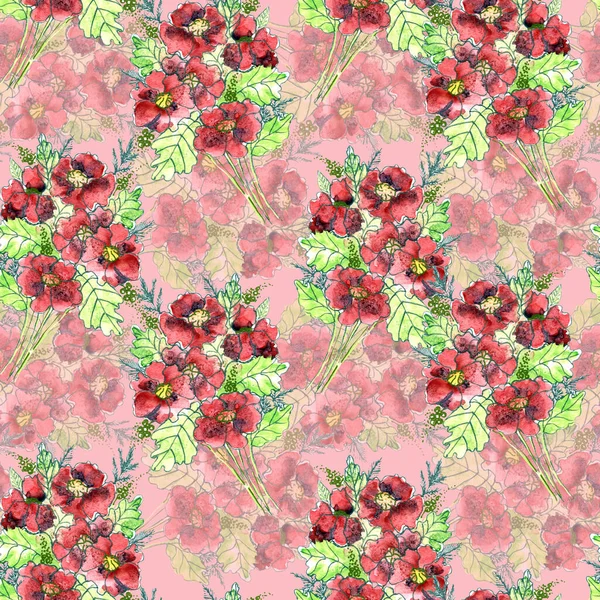 Garden Flowers Poppy Painted Watercolor Leaf Floral Seamless Pattern Pink — 图库照片
