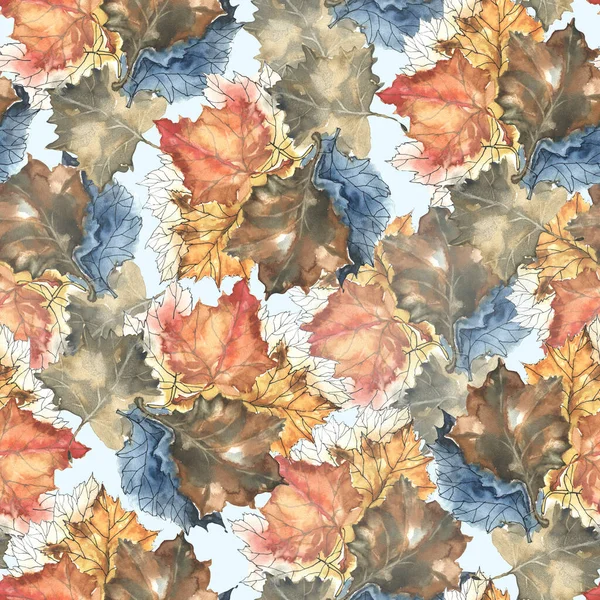 Garden Leaves Maple Painted Watercolor Autumn Seamless Pattern Blue Background — Zdjęcie stockowe