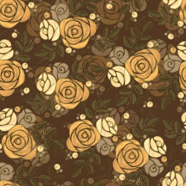 Watercolor  blooming flowers rose with golden foliage on violet brown background. Seamless pattern  with floral composition for decorations textiles and papers.