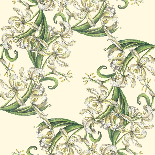Flowers tulip with leaves drawing in colored pencils. Spring composition. Seamless pattern on cream background.