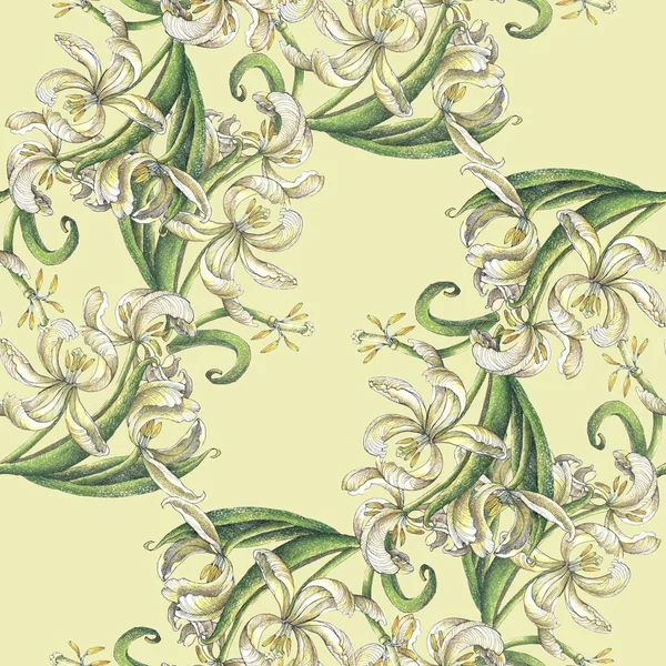 Flowers tulip with leaves draw in colored pencils. Spring composition. Seamless pattern on green background.