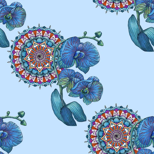 Flowers Orchid Mandala Drawing Colored Pencils Exotic Composition Seamless Pattern — Fotografia de Stock