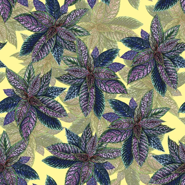 Decorative leaves drawing in colored pencils. Floral composition. Seamless pattern on yellow background.