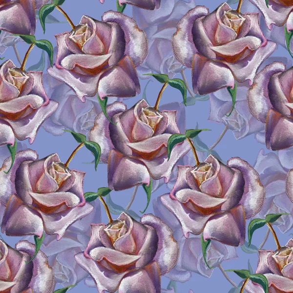 Flowers rose with leaves draw in colored pencils. Spring composition. Seamless pattern on blue background.
