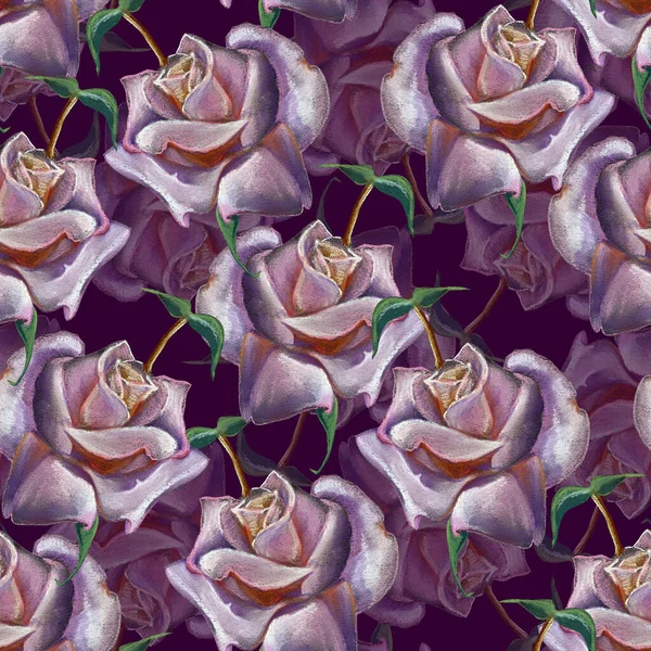Flowers Rose Leaves Draw Colored Pencils Spring Composition Seamless Pattern — Zdjęcie stockowe