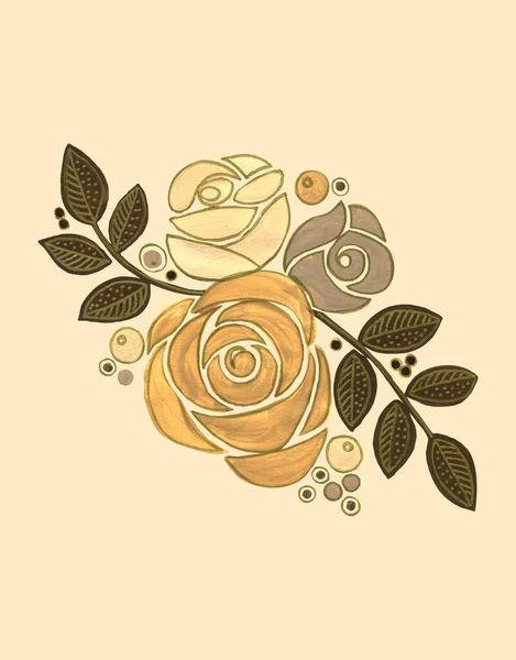 Watercolor Blooming Flowers Rose Foliage Cream Background Floral Composition Decorations — Stockfoto