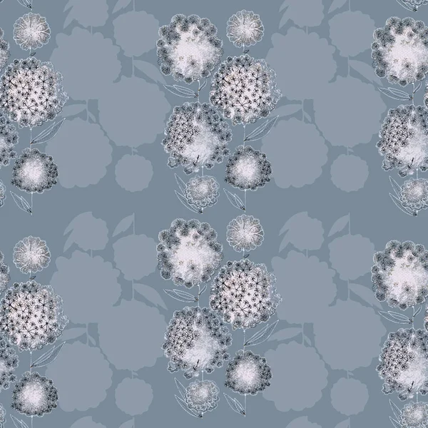 Watercolor Blooming Flowers Dandelions Foliage Gray Background Seamless Pattern Vertical — Stockfoto