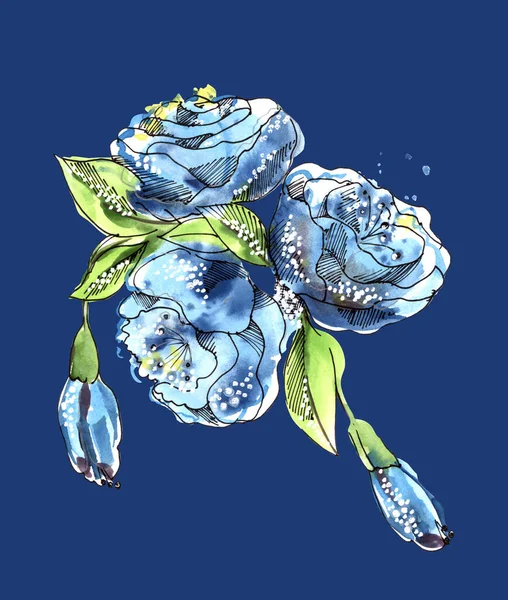 Акварелі Квітучі Квіти Ростуть Листям Синьому Фоні Квіткова Композиція Прикрас — стокове фото