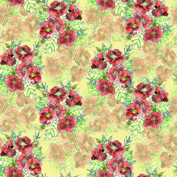 Watercolor Blooming Flowers Red Poppy Foliage Green Background Seamless Pattern — Stockfoto