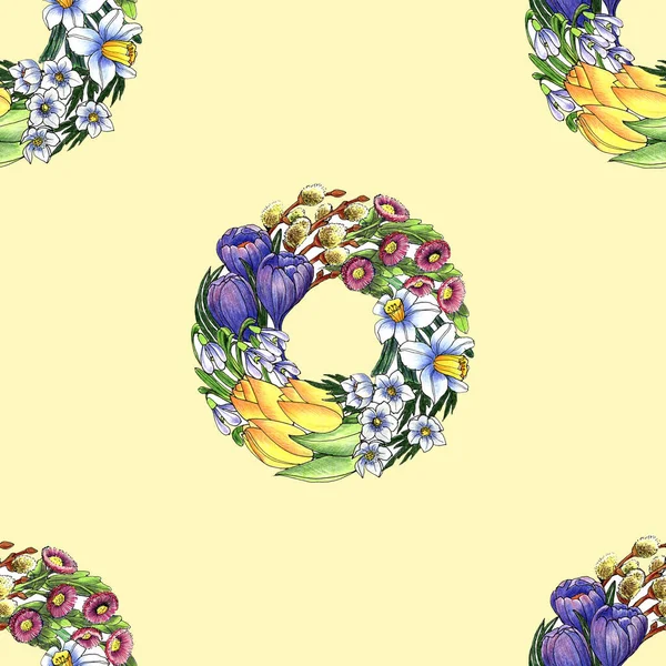 Meadow Flowers Garland Painted Watercolor Seamless Pattern Cream Background Illustration — Stock Photo, Image