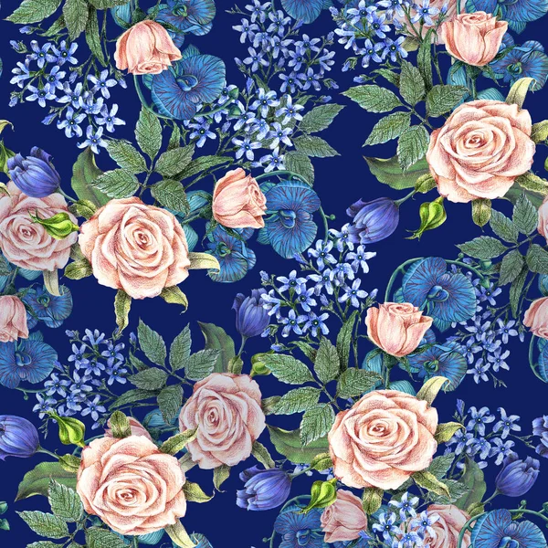 水彩で描かれた庭の花 青い背景のシームレスなパターン 装飾用イラスト — ストック写真
