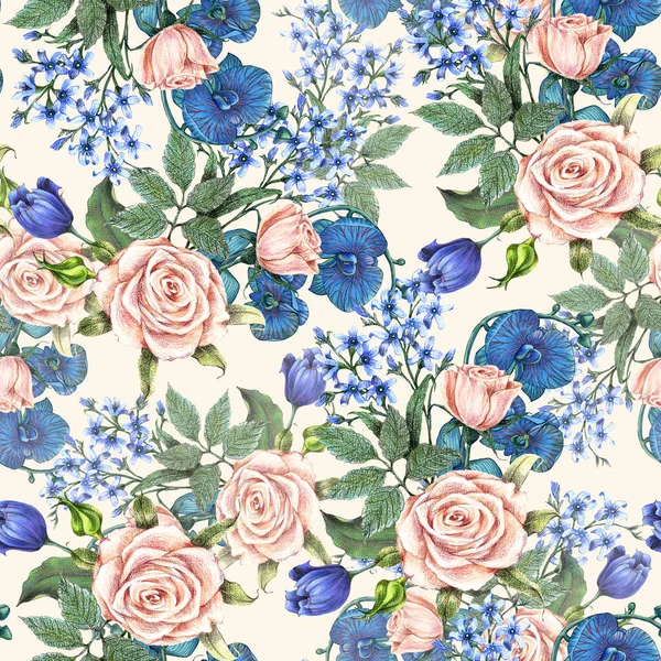 Garden Flowers Painted Watercolor Seamless Pattern Blue Background Illustration Decoration — Stock Photo, Image