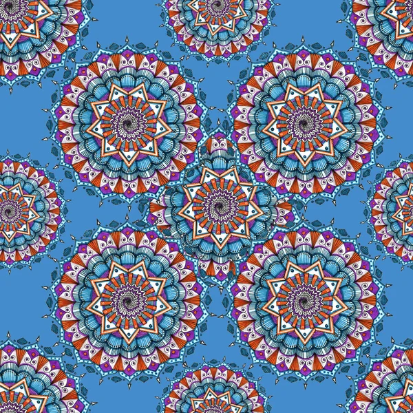 Mandala Painted Watercolor Seamless Pattern Blue Background Illustration Decoration — 스톡 사진