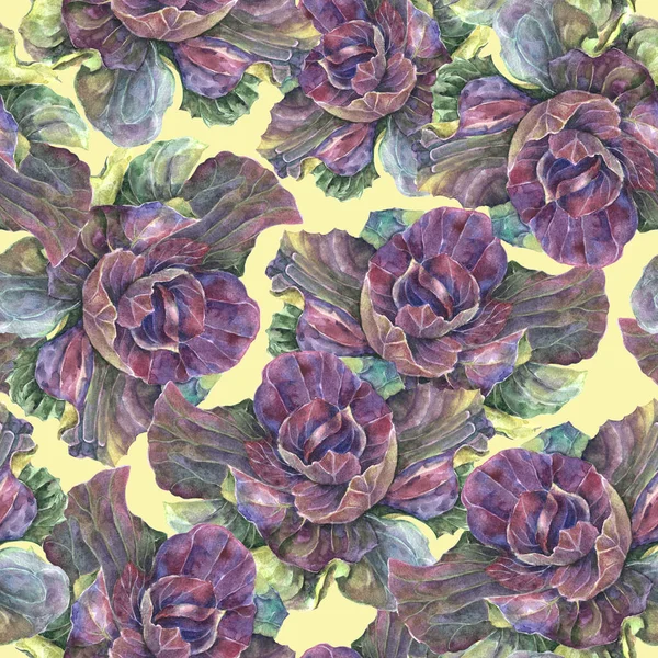 Garden Decorative Cabbage Painted Watercolor Seamless Pattern Yellow Background Illustration — Stock Photo, Image