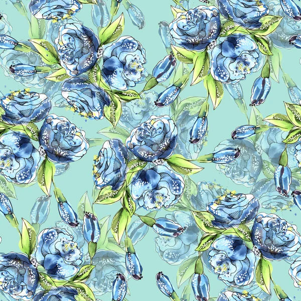 Garden flowers blue rose painted in watercolor. Seamless pattern on blue background. Illustration for decoration.