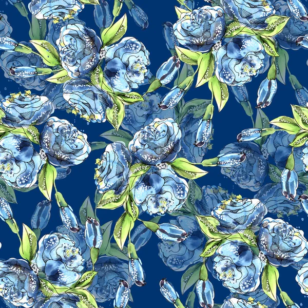 Garden flowers blue rose painted in watercolor. Seamless pattern on dark blue background. Illustration for decoration.