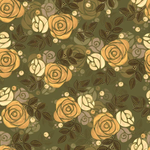 Garden Flowers Rose Golden Leaves Painted Watercolor Seamless Pattern Green — Zdjęcie stockowe