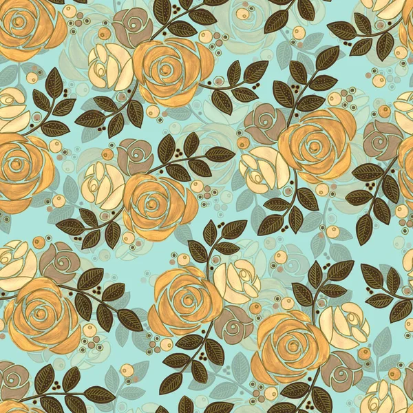 Garden Flowers Rose Golden Leaves Painted Watercolor Seamless Pattern Blue — Stock Photo, Image