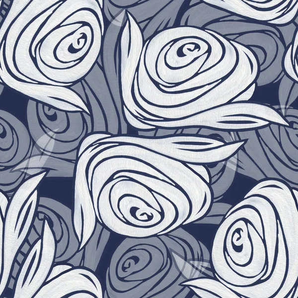 Decorative Flowers Rose Printed Design Monochrome Ornament Seamless Pattern Blue — Stock Fotó