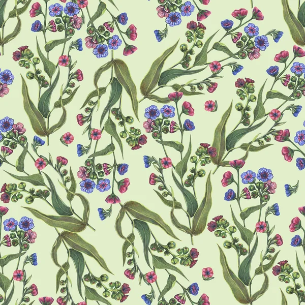 Meadow Flowers Painted Watercolor Seamless Pattern Green Background Illustration Decoration —  Fotos de Stock