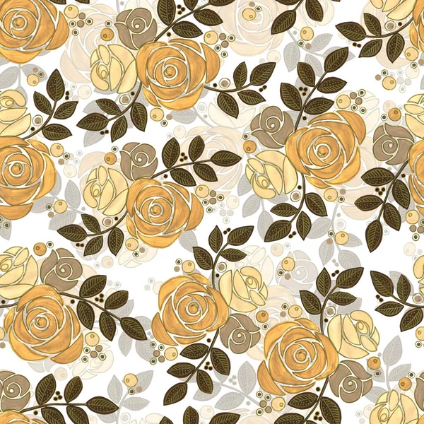 Garden Flowers Golden Rose Painted Watercolor Seamless Pattern White Background — ストック写真