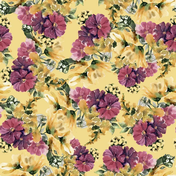 Aquarel Tuinbloemen Naadloos Bloemenpatroon Gele Achtergrond — Stockfoto