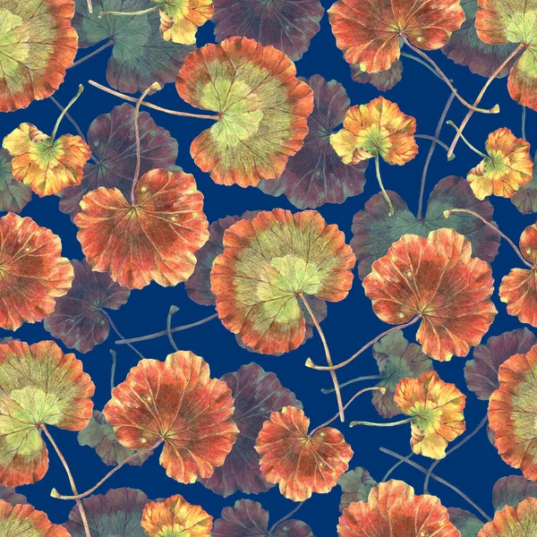 Akwarela Listowie Ogrodowe Kwiaty Geranium Płynny Wzór Kwiatowy Niebieskim Tle — Zdjęcie stockowe