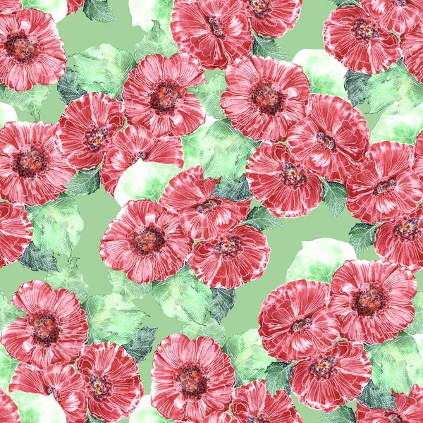 Aquarell Garten Rote Blumen Nahtloses Blumenmuster Auf Grünem Hintergrund — Stockfoto