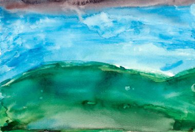 Deniz ve gökyüzünün suluboya çizimi.