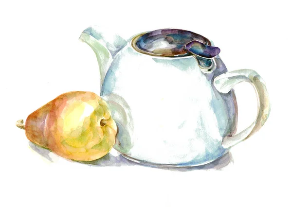 白い背景にお茶を入れて水彩画の果物のイラスト 装飾とデザインのための美しいパターン — ストック写真