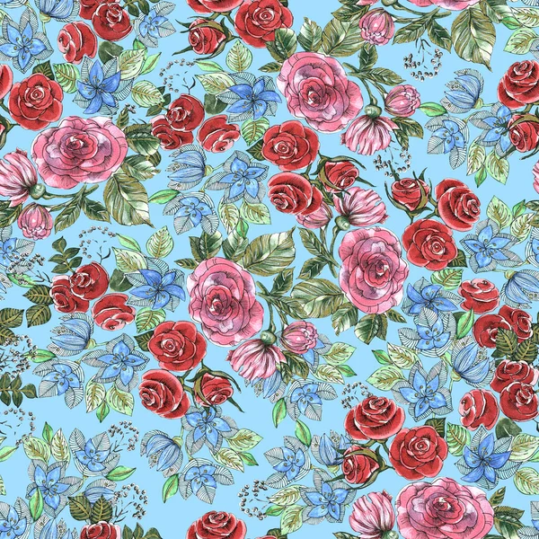 Garden flowers rose painted in watercolor with leaf. Floral seamless pattern on blue background.