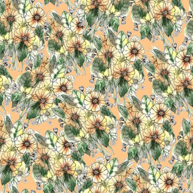 Turuncu arka planda suluboya bahçe çiçekleri. Hediye ambalaj kağıdı, duvar kağıdı ve tekstil için kusursuz desen.